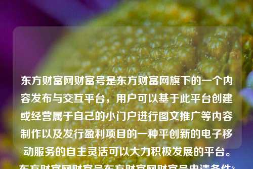 东方财富网财富号是东方财富网旗下的一个内容发布与交互平台，用户可以基于此平台创建或经营属于自己的小门户进行图文推广等内容制作以及发行盈利项目的一种平创新的电子移动服务的自主灵活可以大力积极发展的平台。东方财富网财富号东方财富网财富号申请条件?王曼昱